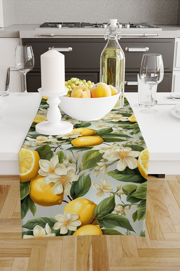 Yeşil Yapraklı Limonlu Desenli Dijital Baskılı Leke Tutmaz Dertsiz Dekoratif Runner 40x140cm