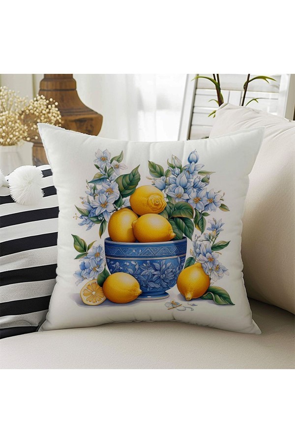 Vintage Limonlar Desenli Dijital Baskılı Dekoratif Çift Taraflı Kırlent Kılıfı 43x43cm