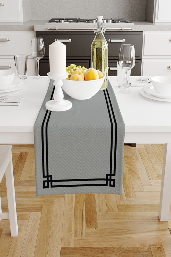 Gri Siyah Çizgili Desenli Baskılı Leke Tutmaz Yıkanabilir Dekoratif Masa Örtüsü Runner 40x140cm