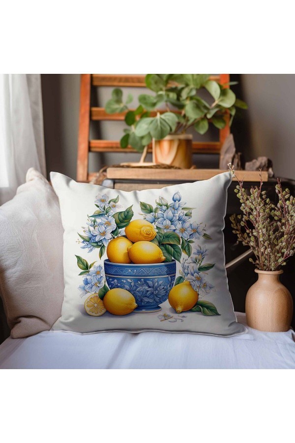 Vintage Limonlar Desenli Dijital Baskılı Dekoratif Çift Taraflı Kırlent Kılıfı 43x43cm