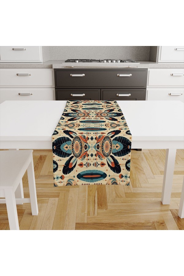 Renkli Tüyler Desenli Dijital Baskılı Leke Tutmaz Dertsiz Dekoratif Runner 40x140cm