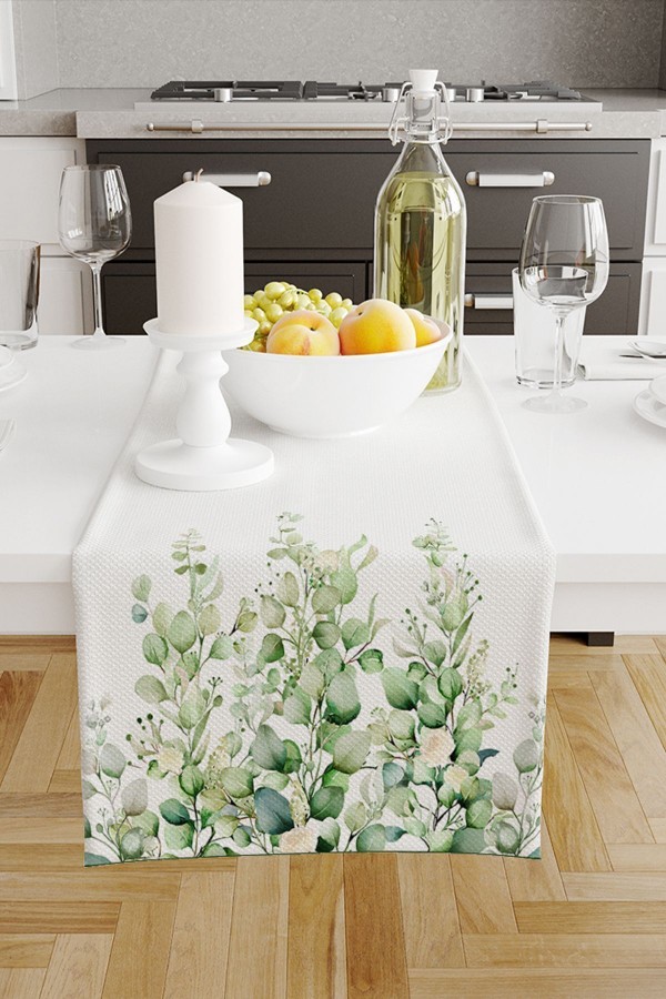 Yeşil Okaliptus Desenli Dijital Baskılı Leke Tutmaz Dertsiz Dekoratif Runner 40x140cm