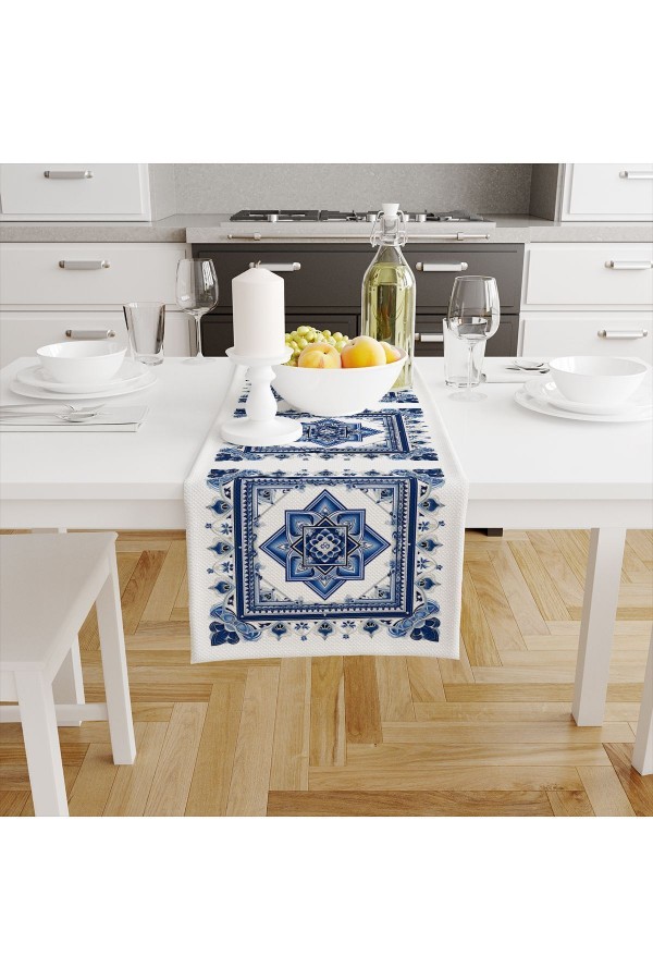 Mavi Beyaz Çiçekli Desenli Dijital Baskılı Leke Tutmaz Dertsiz Dekoratif Runner 40x140cm Mavi Beyaz Çiçekli Desenli Dijital Baskılı Leke Tutmaz Dertsiz Dekoratif Runner 40x140cm