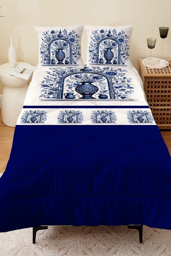 Mavi Beyaz Vazo Vintage Desenli Çift Kişilik Mikrofiber Kapitone Yorgan Yastık Kılıflı