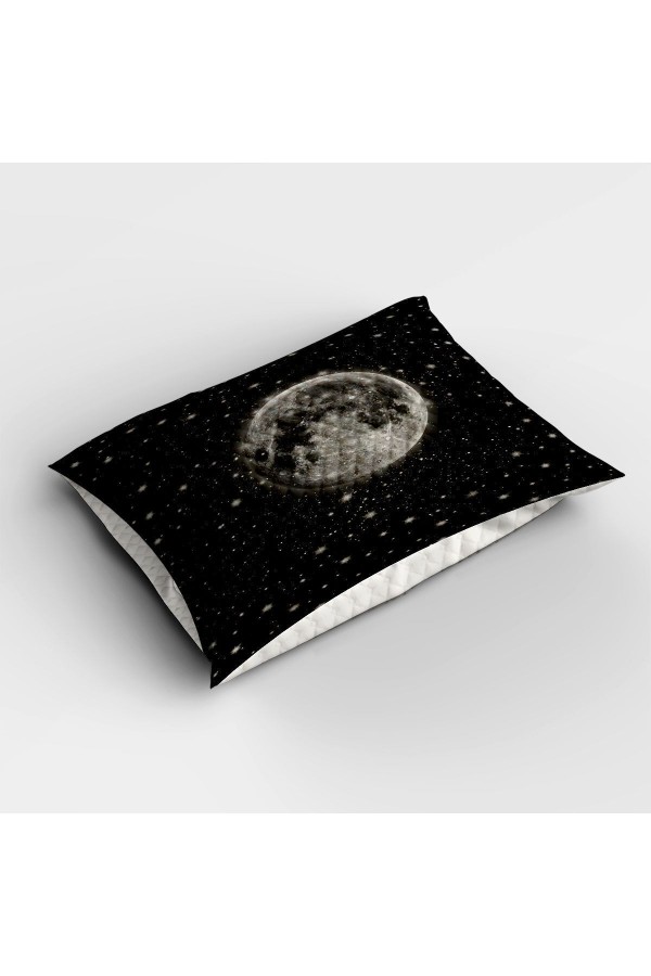 Siyah Gri Ay Galaksi  Desenli Baskılı Dekoratif Yatak Örtüsü Çift Kişilik Yastıklı Pike Takımı
