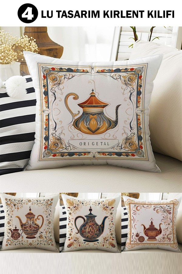 4 lü Set Kırlent Kılıfı Retro Çaydanlıklar Desenli Dijital Baskılı Hediyelik 4 lü Set Kırlent Kılıfı Retro Çaydanlıklar Desenli Dijital Baskılı Hediyelik