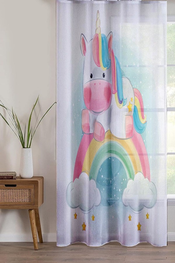 Renkli Gök Kuşağı Unicorn Desenli Dekoratif Çocuk Bebek Odası Tek Kanat Tül Perde Renkli Gök Kuşağı Unicorn Desenli Dekoratif Çocuk Bebek Odası Tek Kanat Tül Perde