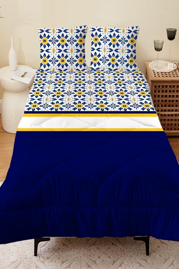 Mavi Beyaz Sarı Etnik Desen Çift Kişilik Mikrofiber Kapitone Yorgan Yastık Kılıflı Uyku Seti