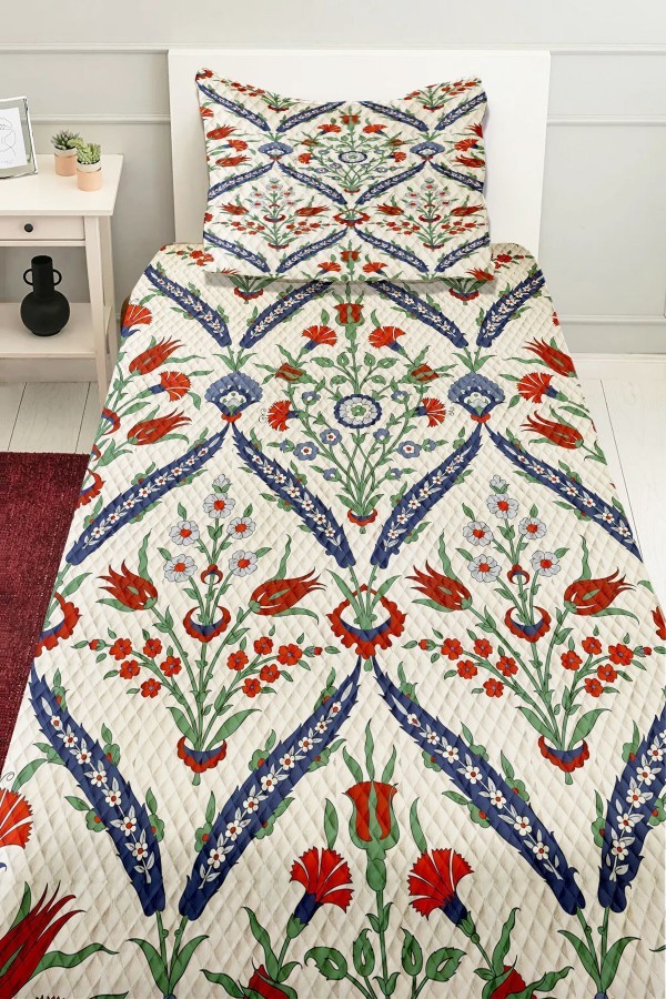 Osmanlı Çini Lale  Desenli Baskılı Dekoratif Yatak Örtüsü Tek Kişilik Yastıklı Pike Takımı