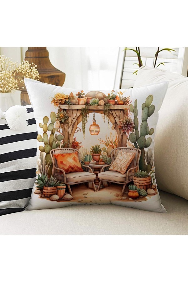 4 lü Set Kırlent Kılıfı Kaktüs Bahçe Desenli Dijital Baskılı Hediyelik