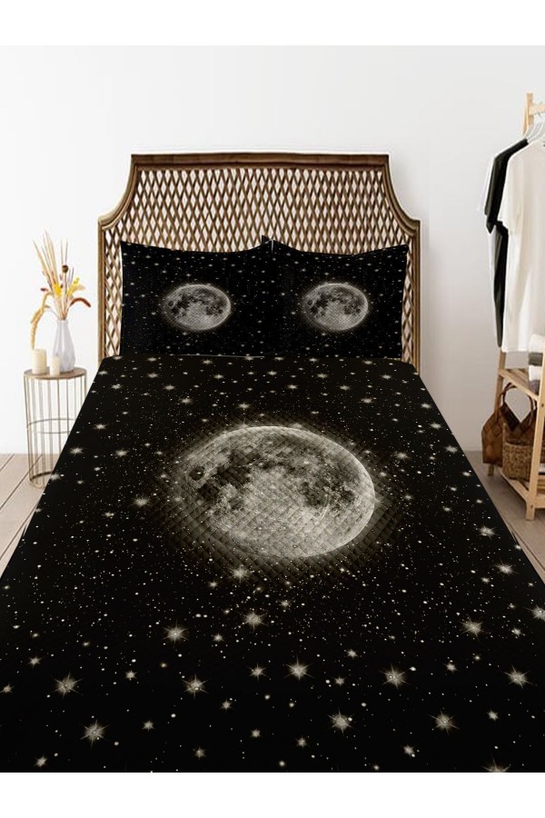 Siyah Gri Ay Galaksi  Desenli Baskılı Dekoratif Yatak Örtüsü Çift Kişilik Yastıklı Pike Takımı