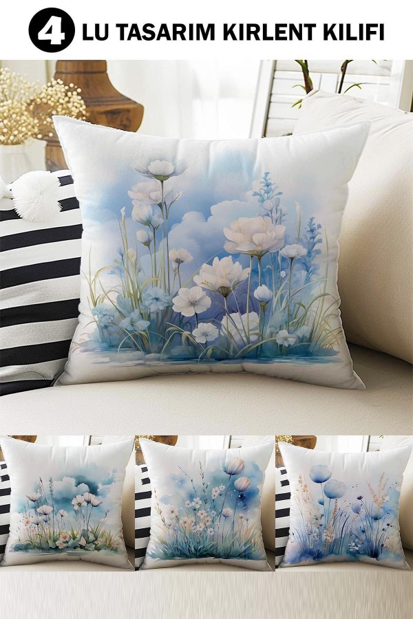 4 lü Set Kırlent Kılıfı Mavi Beyaz Çiçekli Desenli Dijital Baskılı Hediyelik 4 lü Set Kırlent Kılıfı Mavi Beyaz Çiçekli Desenli Dijital Baskılı Hediyelik