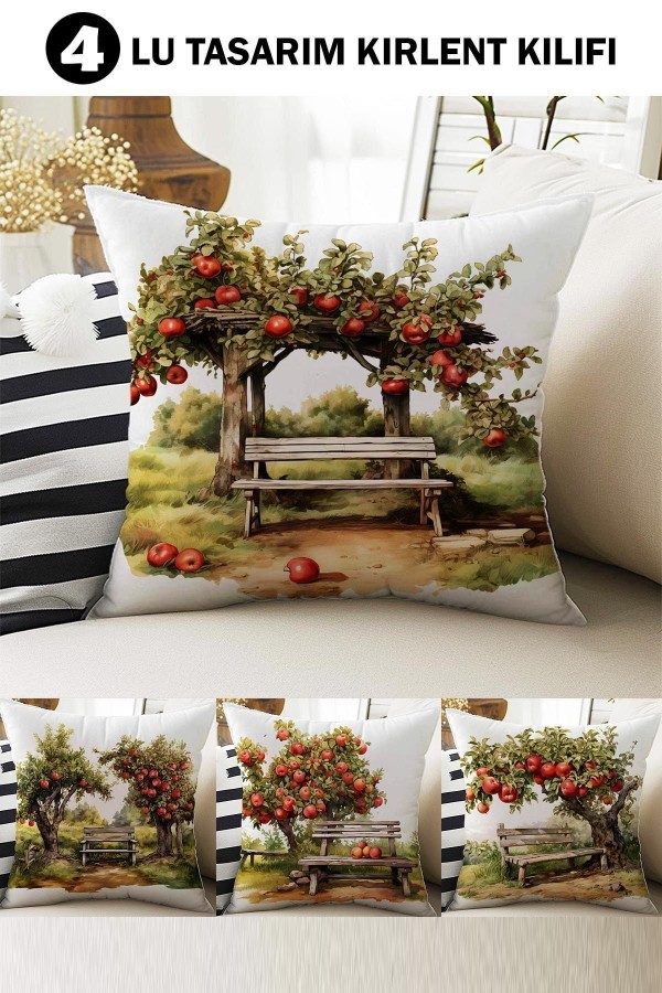 4 lü Set Kırlent Kılıfı Elma Bahçesi Desenli Dijital Baskılı Hediyelik 4 lü Set Kırlent Kılıfı Elma Bahçesi Desenli Dijital Baskılı Hediyelik