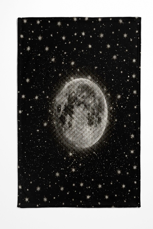 Siyah Gri Ay Galaksi  Desenli Baskılı Dekoratif Yatak Örtüsü Çift Kişilik Yastıklı Pike Takımı