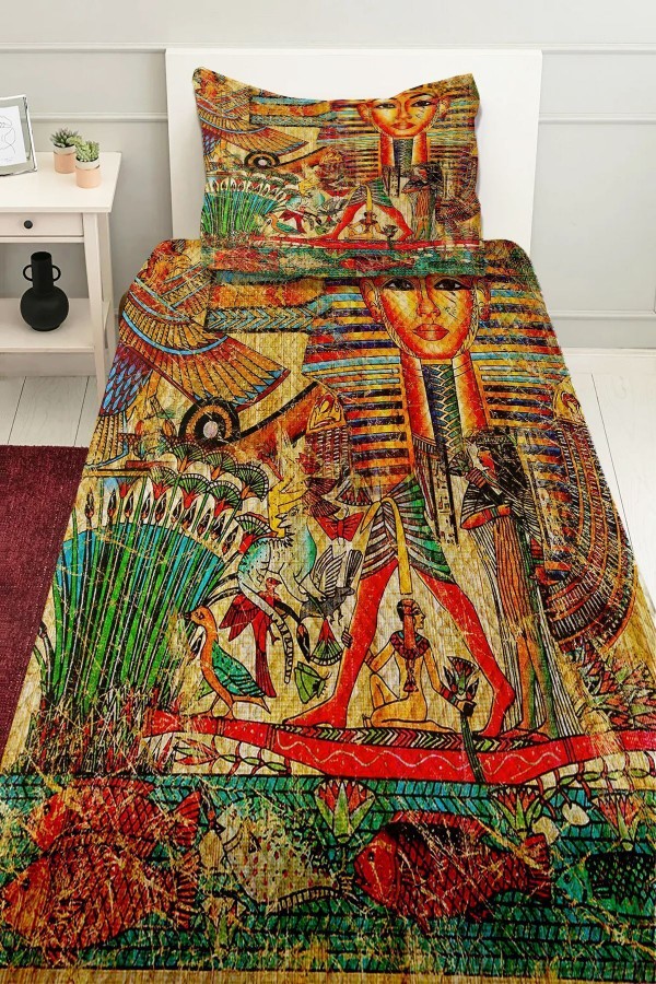 Etnik Otantik Mısır  Desenli Baskılı Dekoratif Yatak Örtüsü Tek Kişilik Yastıklı Pike Takımı
