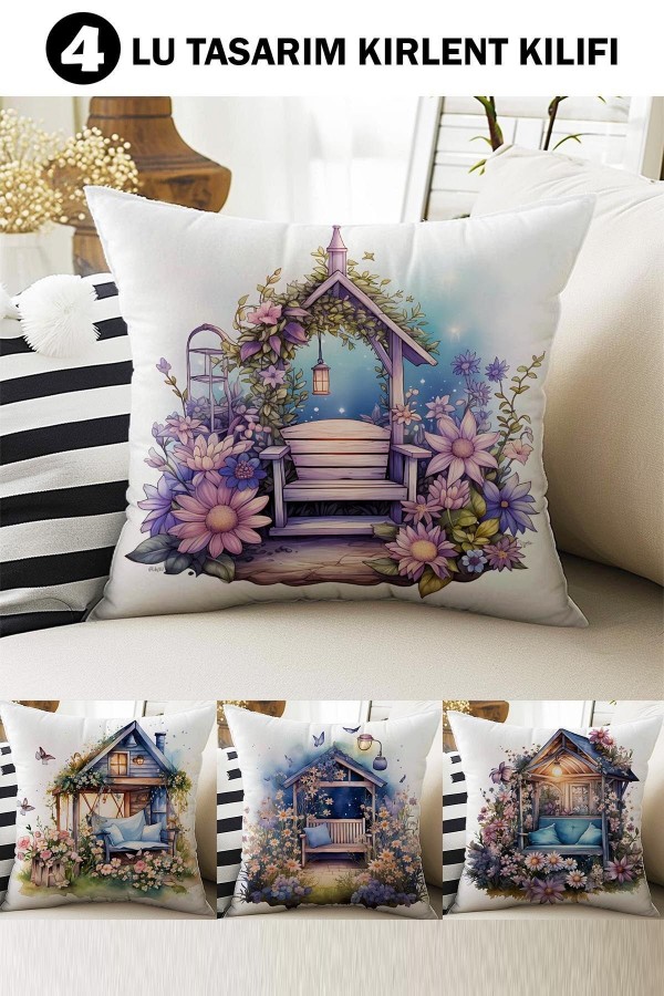 4 lü Set Kırlent Kılıfı Çiçekli Kulubeler Desenli Dijital Baskılı Hediyelik 4 lü Set Kırlent Kılıfı Çiçekli Kulubeler Desenli Dijital Baskılı Hediyelik