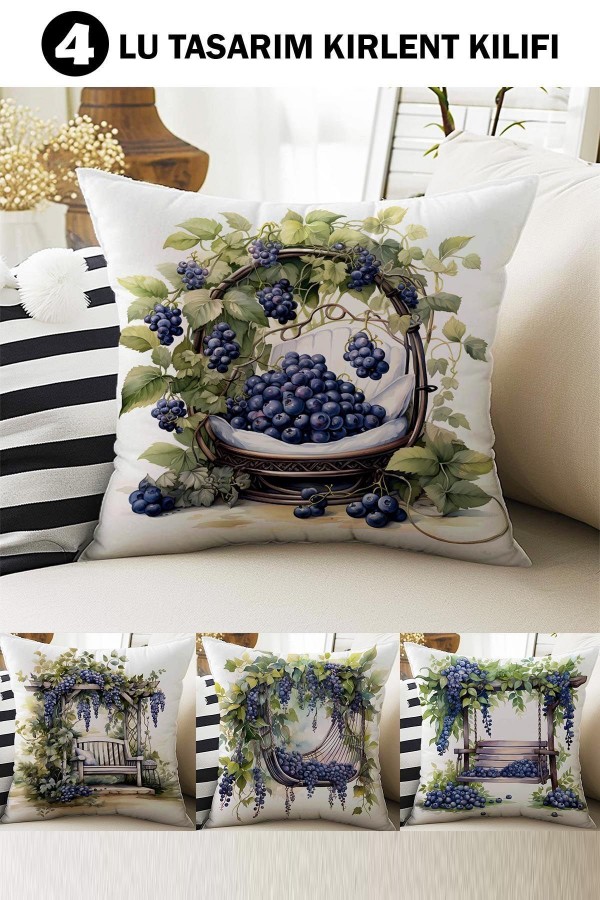 4 lü Set Kırlent Kılıfı Üzüm Salkımlı Desenli Dijital Baskılı Hediyelik 4 lü Set Kırlent Kılıfı Üzüm Salkımlı Desenli Dijital Baskılı Hediyelik