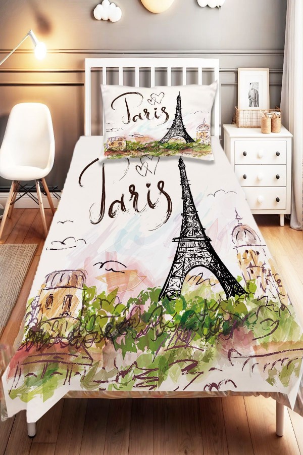 Paris Eyfel Kulesi Desenli Dijital Baskılı Tek Kişilik ve Çocuk Yatak Örtüsü ve Yastık Kılıfı Paris Eyfel Kulesi Desenli Dijital Baskılı Tek Kişilik ve Çocuk Yatak Örtüsü ve Yastık Kılıfı