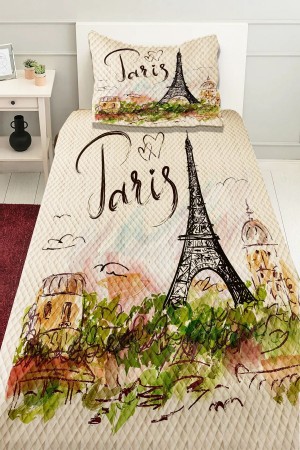 Paris Eyfel Kulesi  Desenli Baskılı Dekoratif Yatak Örtüsü Tek Kişilik Yastıklı Pike Takımı Paris Eyfel Kulesi  Desenli Baskılı Dekoratif Yatak Örtüsü Tek Kişilik Yastıklı Pike Takımı