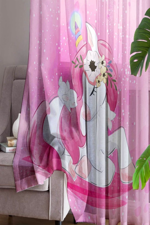 Pembe Unicorn Atlı Desenli Dekoratif Çocuk Bebek Odası Tek Kanat Tül Perde Pembe Unicorn Atlı Desenli Dekoratif Çocuk Bebek Odası Tek Kanat Tül Perde