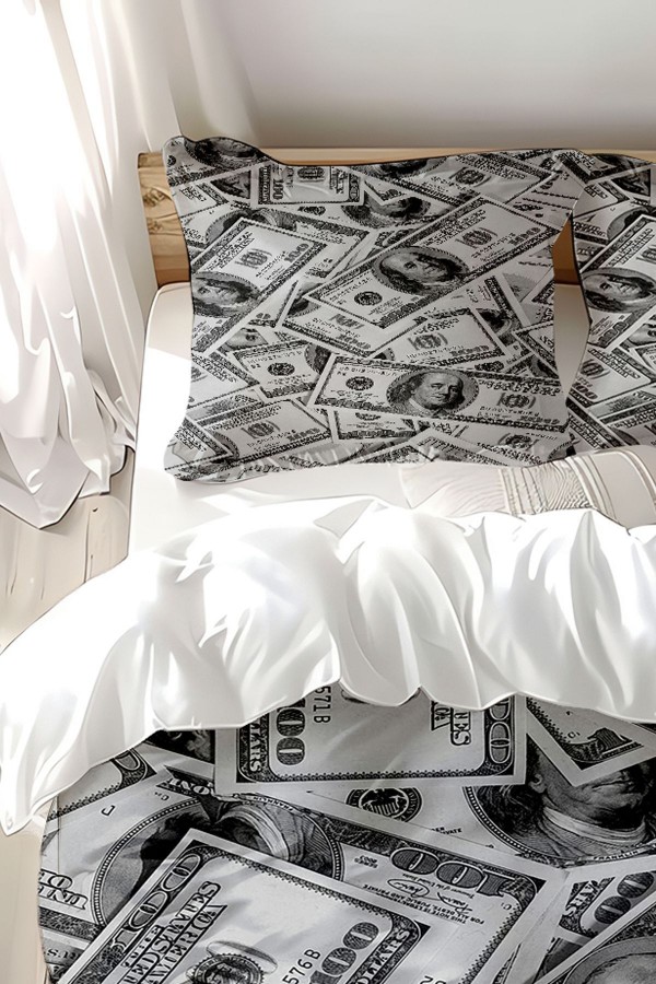 Para Dolar Desenli Baskılı Pamuk Saten Çift Kişilik Nevresim Takımı
