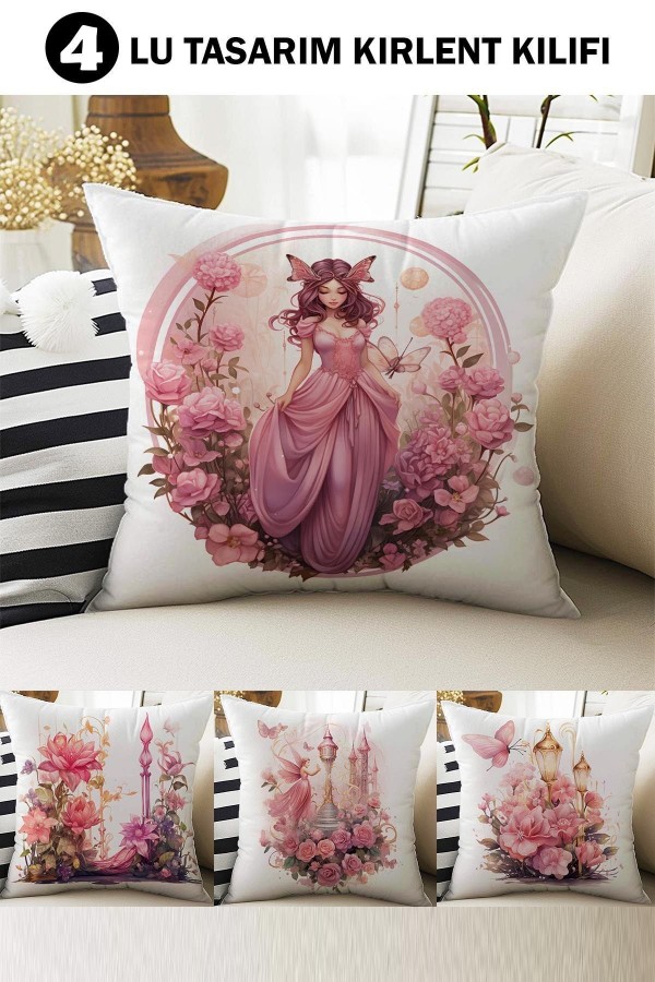 4 lü Set Kırlent Kılıfı Pembe Peri Kız Desenli Dijital Baskılı 4 lü Set Kırlent Kılıfı Pembe Peri Kız Desenli Dijital Baskılı