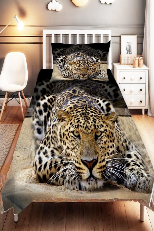 Leopar  Desenli Dijital Baskılı Tek Kişilik ve Çocuk Yatak Örtüsü ve Yastık Kılıfı