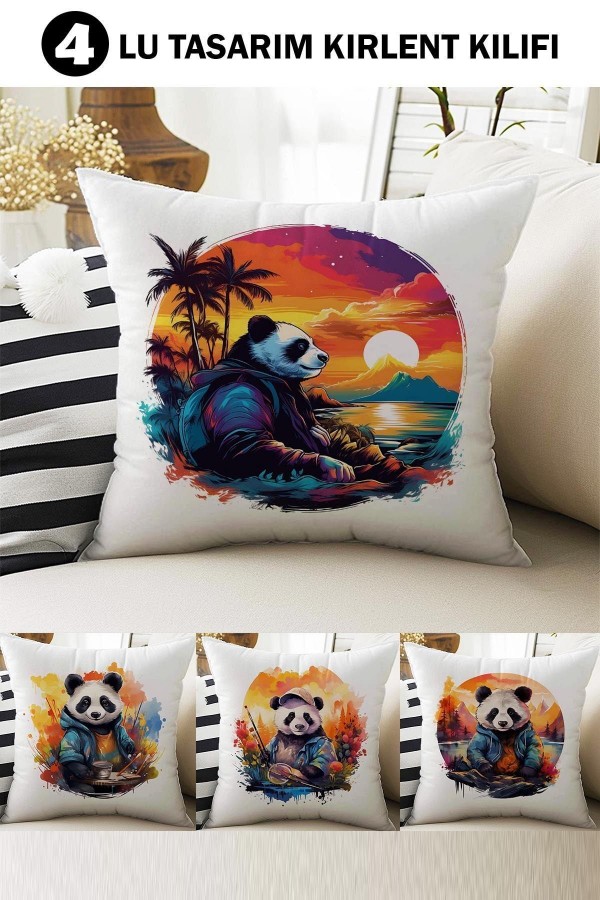 4 lü Set Kırlent Kılıfı Renkli Panda Desenli Dijital Baskılı Hediyelik 4 lü Set Kırlent Kılıfı Renkli Panda Desenli Dijital Baskılı Hediyelik
