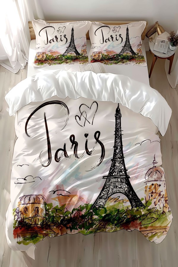 Paris Eyfel Kulesi Desenli Baskılı Pamuk Saten Çift Kişilik Nevresim Takımı
