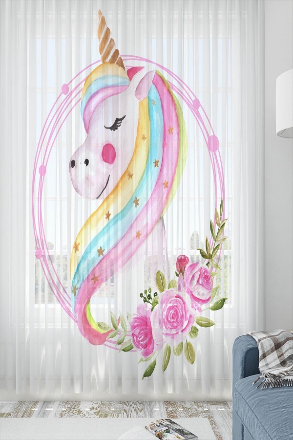 Unicorn Atlı Desenli Dekoratif Çocuk Bebek Odası Tek Kanat Tül Perde Unicorn Atlı Desenli Dekoratif Çocuk Bebek Odası Tek Kanat Tül Perde