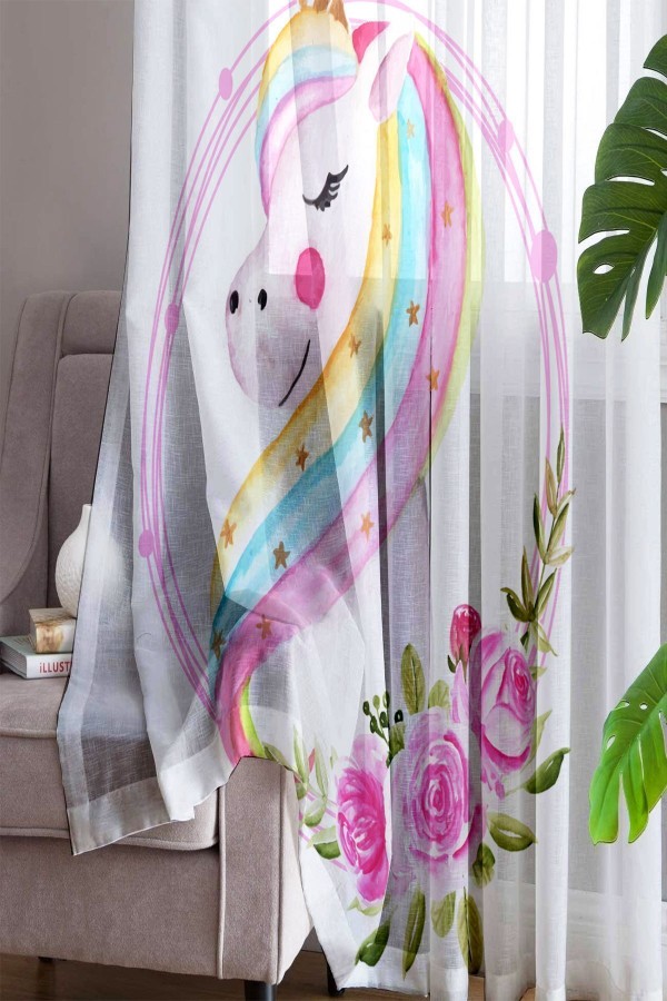 Unicorn Atlı Desenli Dekoratif Çocuk Bebek Odası Tek Kanat Tül Perde Unicorn Atlı Desenli Dekoratif Çocuk Bebek Odası Tek Kanat Tül Perde