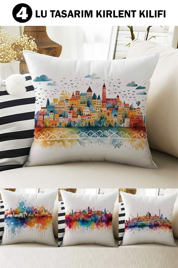 4 lü Set Kırlent Kılıfı Renkli Şehirler Desenli Dijital Baskılı Hediyelik 4 lü Set Kırlent Kılıfı Renkli Şehirler Desenli Dijital Baskılı Hediyelik