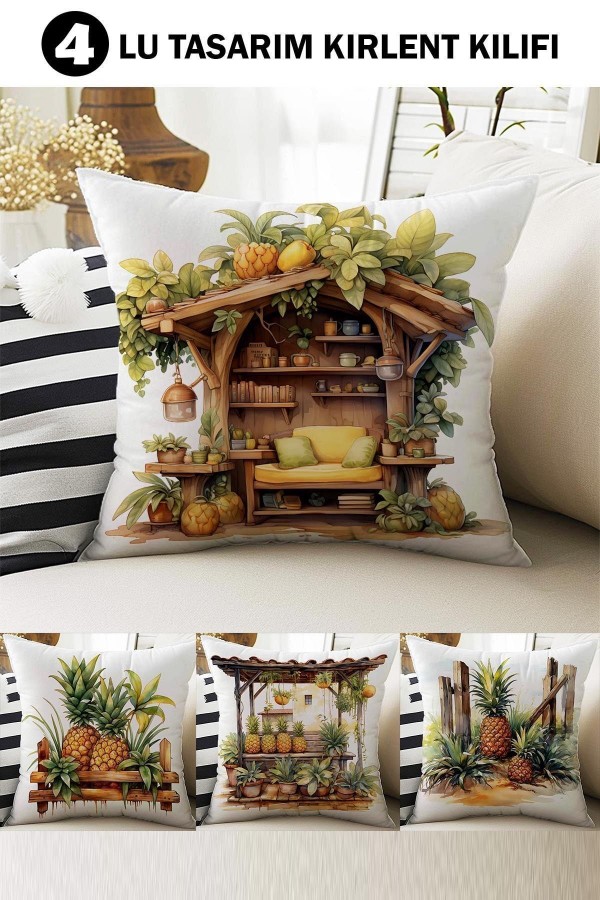 4 lü Set Kırlent Kılıfı Tropikal Ananas Desenli Dijital Baskılı Hediyelik 4 lü Set Kırlent Kılıfı Tropikal Ananas Desenli Dijital Baskılı Hediyelik