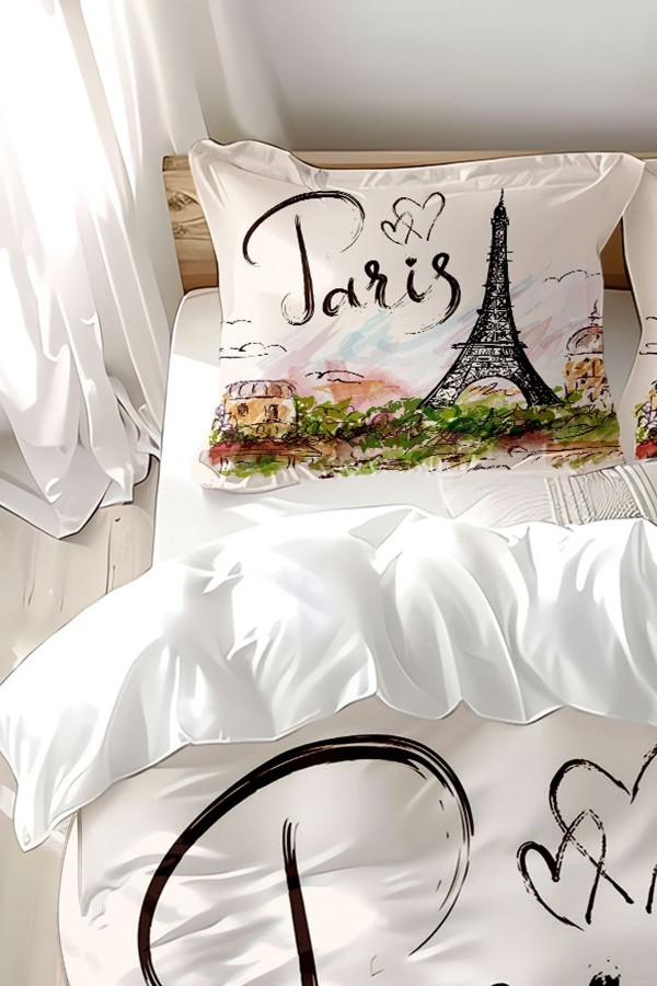 Paris Eyfel Kulesi Desenli Baskılı Pamuk Saten Çift Kişilik Nevresim Takımı