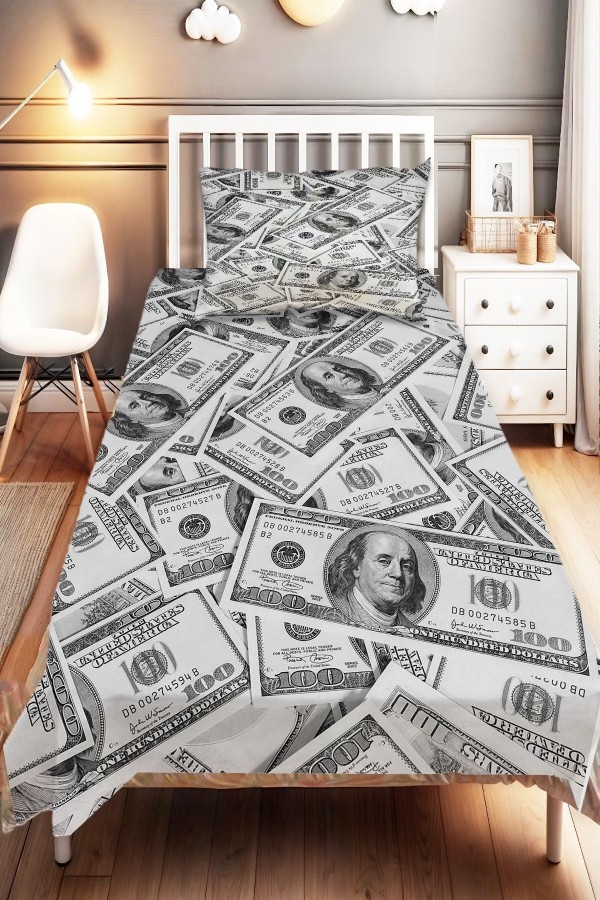 Para Dolar Desenli Dijital Baskılı Tek Kişilik ve Çocuk Yatak Örtüsü ve Yastık Kılıfı Para Dolar Desenli Dijital Baskılı Tek Kişilik ve Çocuk Yatak Örtüsü ve Yastık Kılıfı