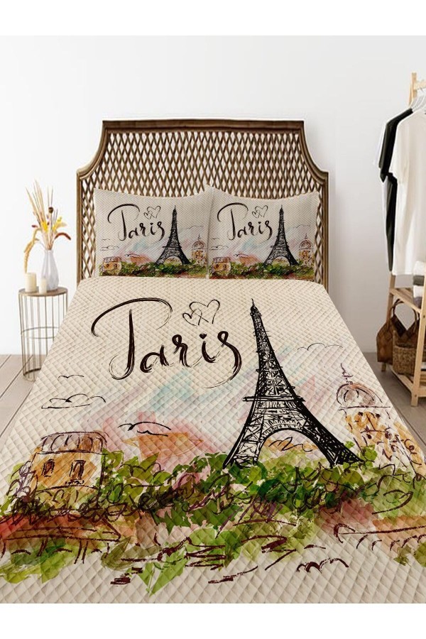 Paris Eyfel Kulesi Desenli Baskılı Dekoratif Yatak Örtüsü Çift Kişilik Yastıklı Pike Takımı Paris Eyfel Kulesi Desenli Baskılı Dekoratif Yatak Örtüsü Çift Kişilik Yastıklı Pike Takımı