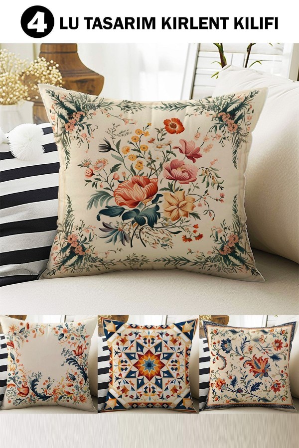4 lü Set Kırlent Kılıfı Vintage Retro Desenli Dijital Baskılı