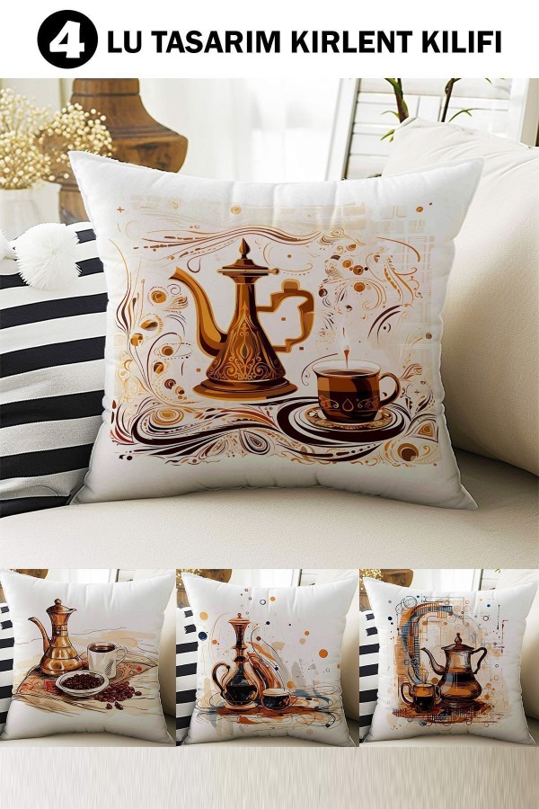 4 lü Set Kırlent Kılıfı Vintage Kahve Cezve Desenli Dijital Baskılı Hediyelik 4 lü Set Kırlent Kılıfı Vintage Kahve Cezve Desenli Dijital Baskılı Hediyelik