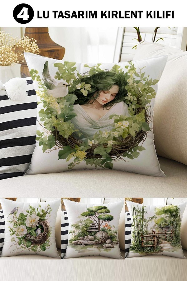 4 lü Set Kırlent Kılıfı Yeşil Doğa Kız Desenli Dijital Baskılı Hediyelik 4 lü Set Kırlent Kılıfı Yeşil Doğa Kız Desenli Dijital Baskılı Hediyelik