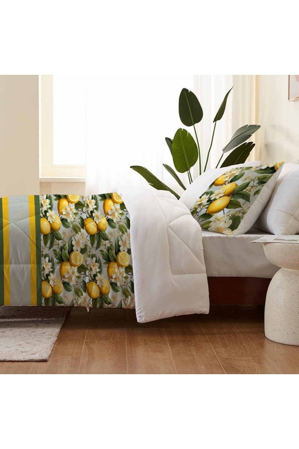 Yeşil Yapraklı Limonlu Desen Çift Kişilik Mikrofiber Kapitone Yorgan Yastık Kılıflı Uyku Seti