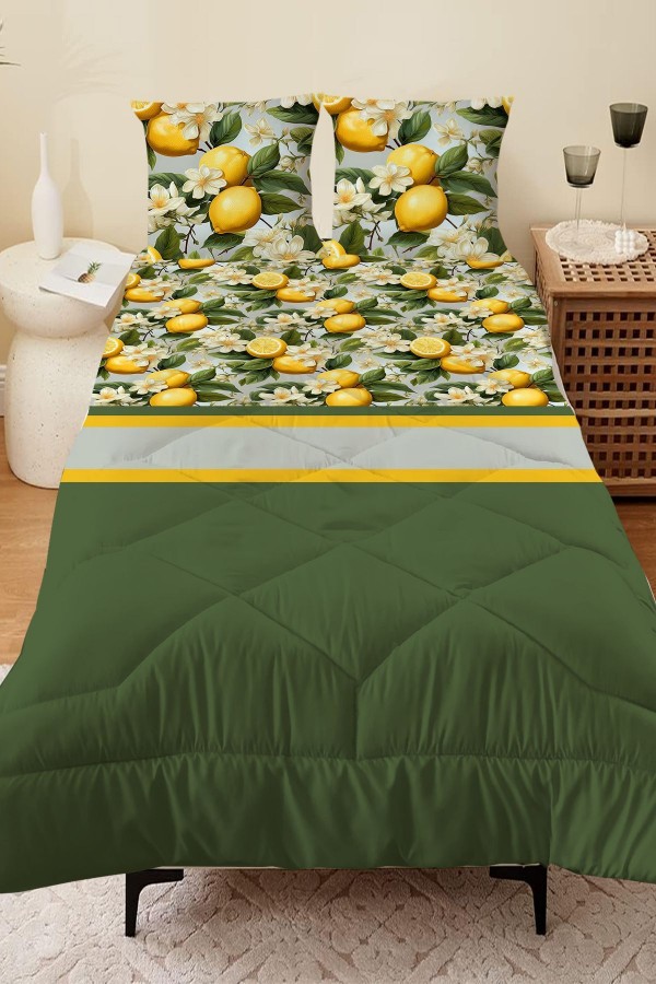 Yeşil Yapraklı Limonlu Desen Çift Kişilik Mikrofiber Kapitone Yorgan Yastık Kılıflı Uyku Seti