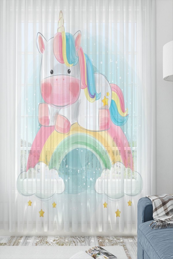 Renkli Gök Kuşağı Unicorn Desenli Dekoratif Çocuk Bebek Odası Tek Kanat Tül Perde Renkli Gök Kuşağı Unicorn Desenli Dekoratif Çocuk Bebek Odası Tek Kanat Tül Perde