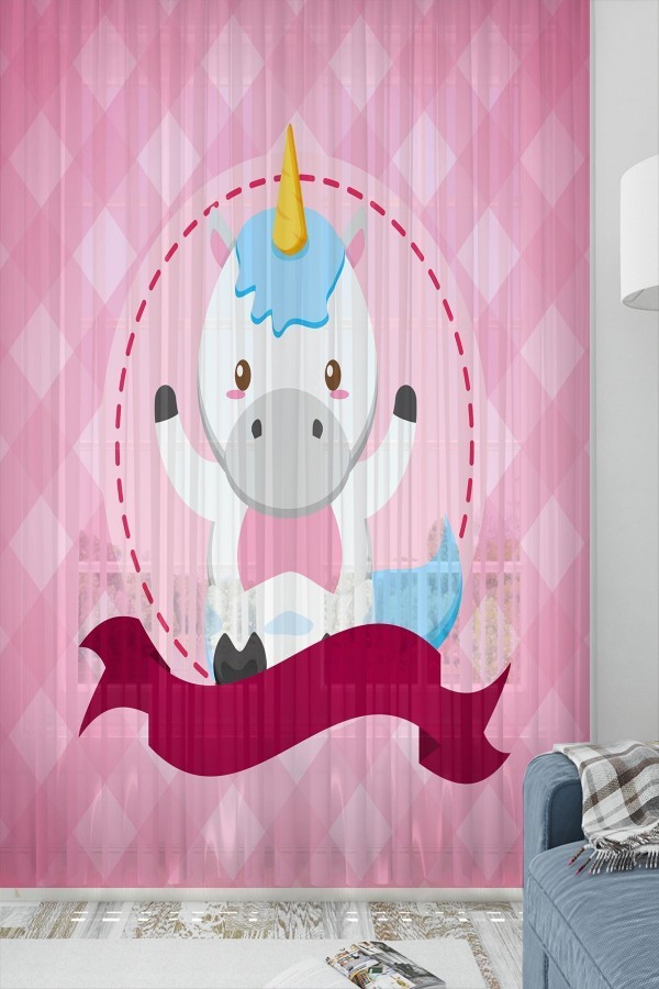 Pembe At Desenli Dekoratif Çocuk Bebek Odası Tek Kanat Tül Perde Pembe At Desenli Dekoratif Çocuk Bebek Odası Tek Kanat Tül Perde