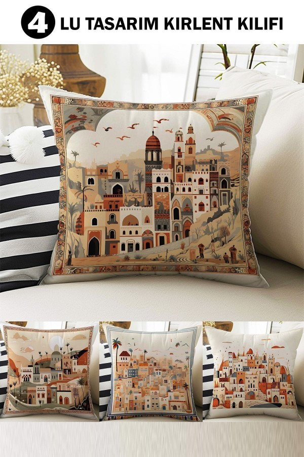 4 lü Set Kırlent Kılıfı Vintage Şehir Desenli Dijital Baskılı Hediyelik 4 lü Set Kırlent Kılıfı Vintage Şehir Desenli Dijital Baskılı Hediyelik