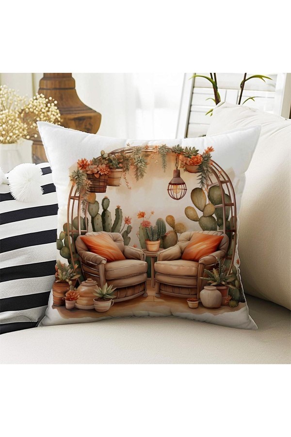 4 lü Set Kırlent Kılıfı Kaktüs Bahçe Desenli Dijital Baskılı Hediyelik