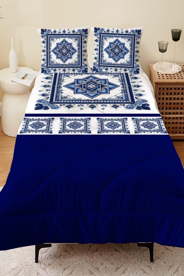 Mavi Beyaz Çiçekli Desenli Çift Kişilik Mikrofiber Kapitone Yorgan Yastık Kılıflı Uyku Seti