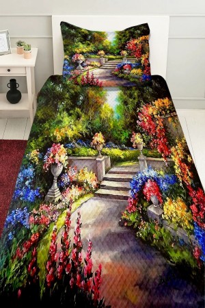 Çiçek Bahçesi  Desenli Baskılı Dekoratif Yatak Örtüsü Tek Kişilik Yastıklı Pike Takımı Çiçek Bahçesi  Desenli Baskılı Dekoratif Yatak Örtüsü Tek Kişilik Yastıklı Pike Takımı