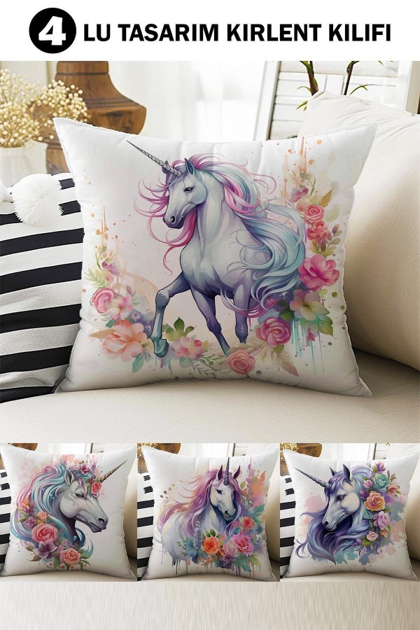 4 lü Set Kırlent Kılıfı Unicorn Atlı Desenli Dijital Baskılı Hediyelik 4 lü Set Kırlent Kılıfı Unicorn Atlı Desenli Dijital Baskılı Hediyelik