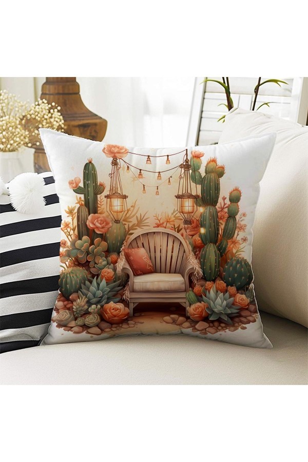 4 lü Set Kırlent Kılıfı Kaktüs Bahçe Desenli Dijital Baskılı Hediyelik