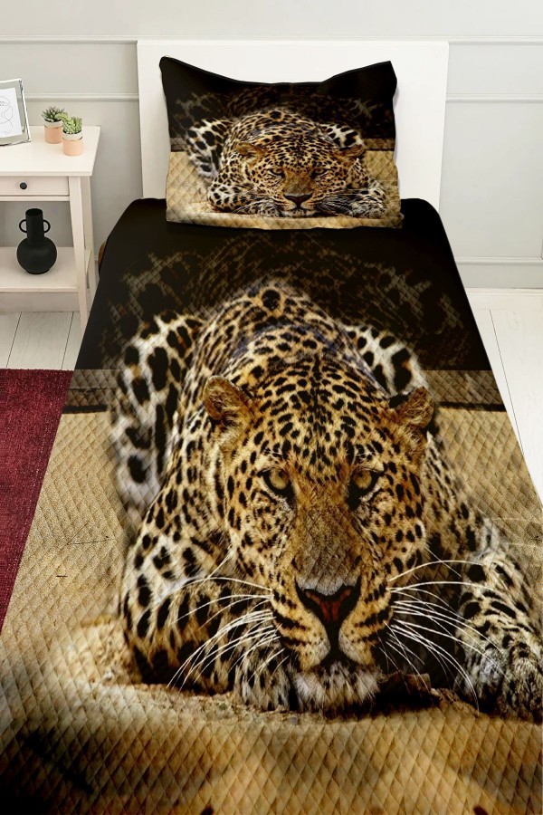 Leopar  Desenli Baskılı Dekoratif Yatak Örtüsü Tek Kişilik Yastıklı Pike Takımı